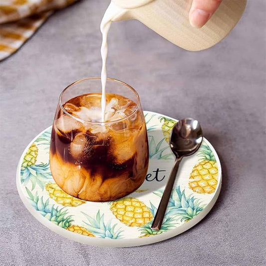 Watercolor Drink Coaster Tropical Pineapple Cartoon Exotic Fruit Pattern Be Sweet Beautiful Home Decor Diatomite Heat-Resistant Diatomite 4 Inch for Cold Drinks Wine Mugs Cups