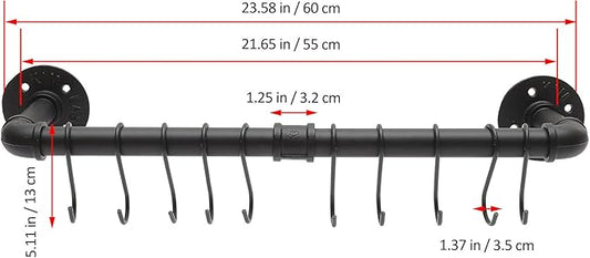 Wall-mounted Kitchen Pot Pan Rack with Hooks Industrial Hanging Utensil Holder Sturdy Space-saving Wall Rail Organizer for Cookware and Pots Easy to Install and Wear-resistant