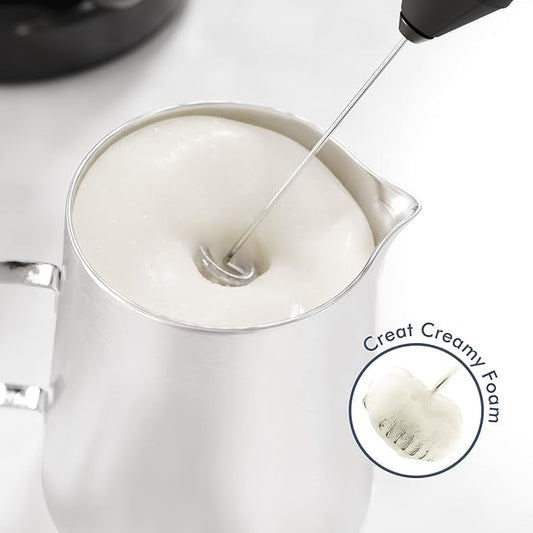 New England Stories Handheld Milk Frother Wand - Battery-Powered, Stainless Steel Whisk, Black