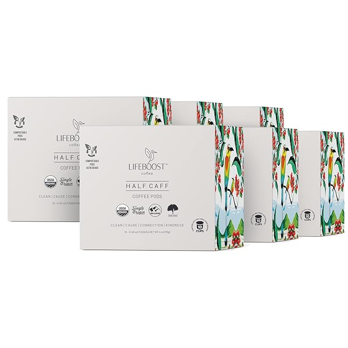 Lifeboost Half Caff Coffee K Cups - Low Acid Half Caff Coffee Pods - Non-GMO Mold Free Pods Compatible with Keurig & Keurig 2 - Third Party Tested for Mycotoxins and Pesticides - 10 Count