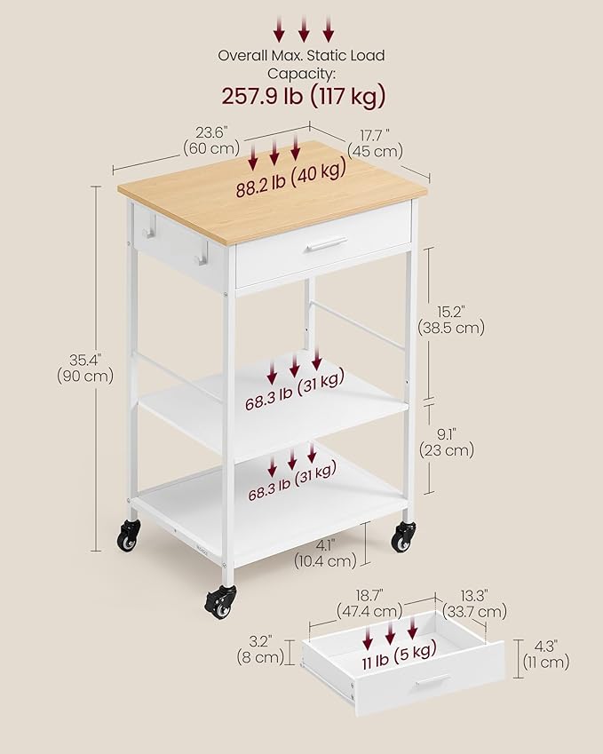 VASAGLE Kitchen Rolling Island, Mobile Kitchen Cart with Storage on Wheels, 17.7 x 23.6 x 35.4 Inches, Drawer, 2 Hooks, for Dining Room, Oak Beige and Matte White UKKI007Y01