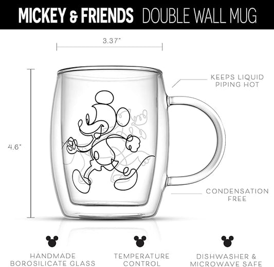 JoyJolt Aroma Disney Mickey and Pluto 13.5oz Glass Coffee Cups Set - 2 Insulated Double Wall Mugs, Large Espresso Cups - Unique Disney Cups