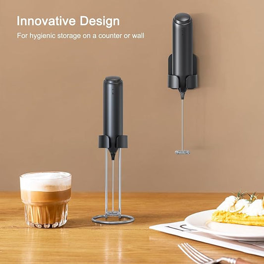 Rechargeable Coffee Frother by ELMWAY, Electric Milk Frother with Charging Stand & Wall Mount, Handheld Drink Mixer, Foam Maker for Coffee, Matcha - Black