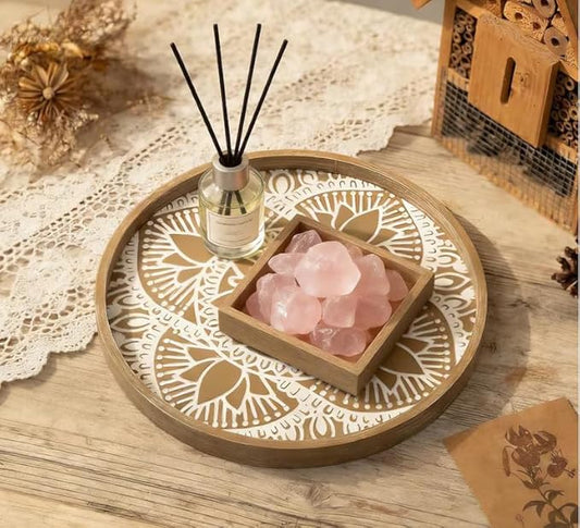 Hanobe Round Decorative Tray for Table: 2Pcs Vintage Coffee Table Trays with Boho Bead Garland for Home Decor - Farmhouse Wood Circle for Kitchen Counter Women