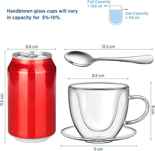 glastal Espresso Cup 5oz Double Walled Glass Coffee Mugs Tea Cups with Handle Saucer Set of 2 Heart Shaped Milk Juice Cups Drinking Glasses Birthday Wedding Valentines Gifts for Couples Parents Wife