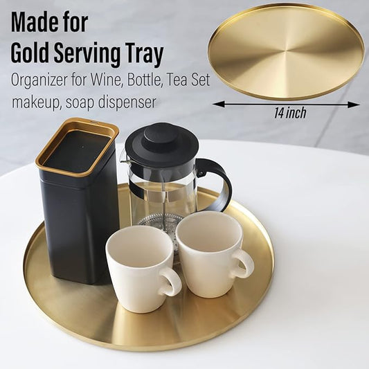 FREELOVE Gold Serving Tray, Decorative Platters and Trays for Perfume Jewelry Comestics Food Coffee Tea Candle, Bath Vanity Counter Bathroom Table (Light Gold, 14 inch)