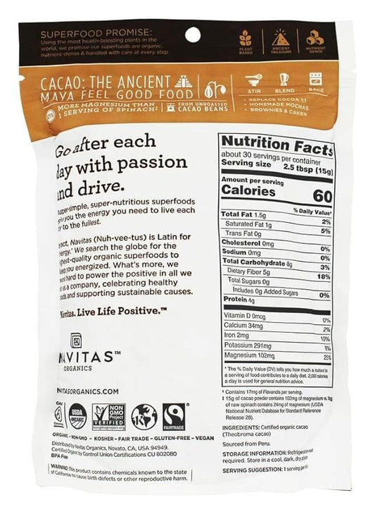 Navitas Organics Cacao Powder, Bags, 30 Servings, 1 Pound (Pack of 1), 16 Ounce