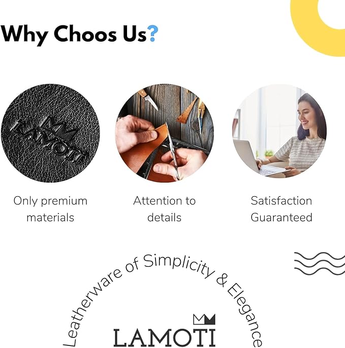 LAMOTI Leather Coasters for Drinks, 4" Drink Coasters Set of 6 with Holder for Tabletop Protection, Handmade Luxurious Home Décor and Housewarming Gift (Black)