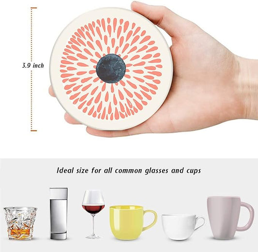 Britimes Coaster for Drinks Set of 6, Watercolor Doodle Circles Flower Absorbent Round Ceramic Stone Mat, with Cork Base and Metal Holder, Gift for Housewarming Room Bar Decor