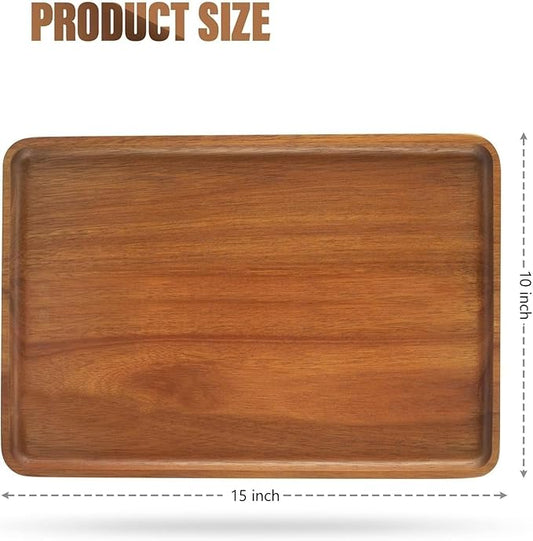 2pcs 15"x10" Solid Acacia Wood Serving Trays Rectangular Wooden Serving Platters Natural Wooden Boards for Bar Coffee Party(Brown)