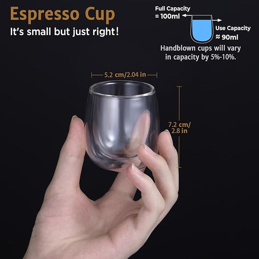 glastal Espresso Cups 4 oz Double Walled Glasses Coffee Mugs Set of 2, Clear Glass Coffee Cups Insulated Espresso Mug 120 ml (full capacity) Borosilicate Double Wall Glass Cup, German Quality