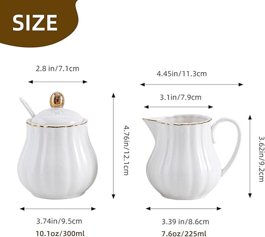 Ceramic Sugar and Creamer Set, 3 Piece Set with Cream Pitcher, Sugar Bowl, Spoon (White)