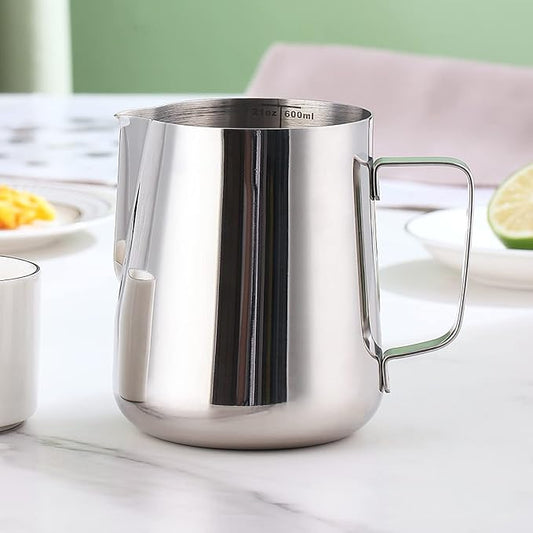 Milk Frothing Pitcher 21oz - 620ml, Kyraton Stainless Steel Espresso Steaming Pitchers with Decorating Pen,Milk Coffee Frother Cups Cappuccino Latte Art Barista Steam Pitchers Milk Jug Cup (Silver)