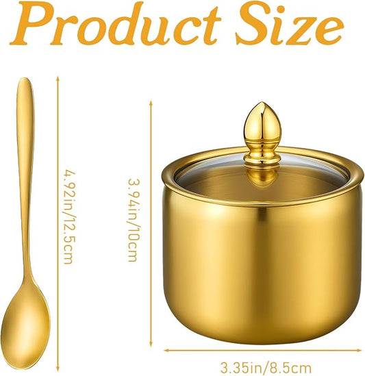 Sibba 4 Pack 10oz Gold Sugar Bowl with Lid And Spoon, Gold Sugar Container Stainless Steel Sugars Creamer Container Durable Round Jar for Coffee Bar Kitchen Accessories for Sugars Salt Coffee Bean
