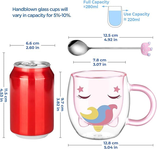 ecooe Cute Unicorn Mug Double Walled Glass Mug 9.4oz Coffee Cup Cappuccino Latte Glass Milk Tea Cup with Handle Spoon, Birthday Christmas Thanksgiving Day for Women Wife Mum Kids Friends Teachers