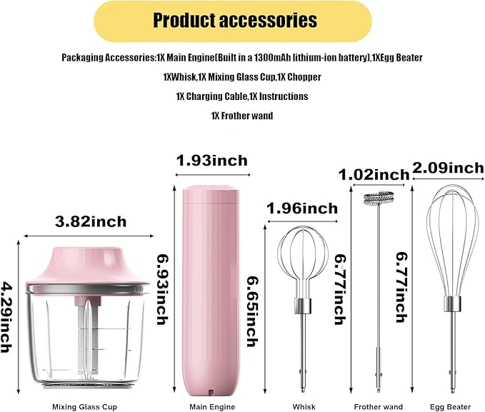 Cordless Hand Mixer with Whisk and Forther Wand,Electric Whisk, Milk Frother,Coffee Frother, Whisks for Cooking,Handheld Frother,Food Chopper, Baby Food Maker,4-Speed, 10Oz