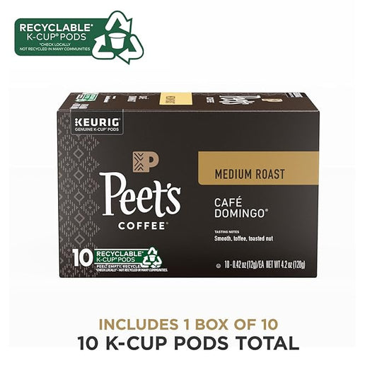 Peet's Coffee, Medium Roast Keurig K-Cup Pods - Cafe Domingo 10 Count (1 Box of 10 Pods)