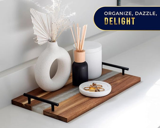 Comfify Visually Stunning Pearl White Resin + Acacia Wood Charcuterie Serving Board with Handles - 16x9 Serving Tray for Food, Breakfast in Bed, Coffee Table, Decor, Organization, Snacks, Patio, BBQ