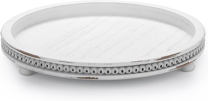 Bamboo Land- Round Decorative Trays for Coffee Table, 12", White, Wood Tripod & Beaded Design, Wooden Round Tray for Coffee Table