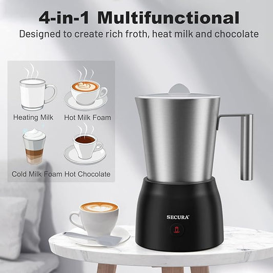 Secura Detachable Milk Frother and Steamer, 17oz Electric Milk Warmer with Glass Jug, 4-in-1 Hot & Cold Foam Maker for Latte, Cappuccinos & Hot Chocolate, Dishwasher Safe, BPA & Teflon-Free Design