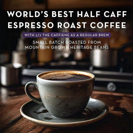 World's Best Half Caff Espresso Roast Coffee Pods, 100 ct, Dark Roast in Recyclable Single Serve Pods – 100% Arabica Coffee, Compatible with Keurig K Cups Maker