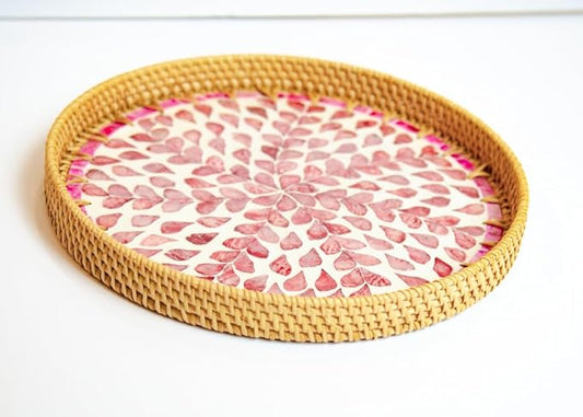 Magenta & Teal Round Rattan Serving Tray with Mother of Pearl Inlay, Wicker Coffee Table Decor, Farmhouse Style (Pink Flower)