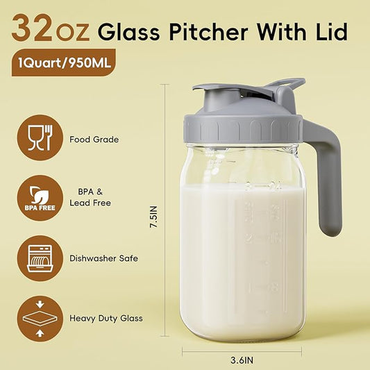 Breast Milk Pitcher - 32 oz Glass Mason Jar with Dual Leak-Proof Design, Airtight Seal, Pour Spout & Handle, Storage Container for Breastmilk, Iced Tea & Ice Drinks(Gray)