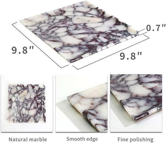 Natural Marble Tray, Coffee Table, Food, Fruit, Paper Cup, Cake Display, Coffee bar, Family Gatherings, Seasonal Holiday Decoration Tray(Viola-Square-9.8"x9.8"x0.7")