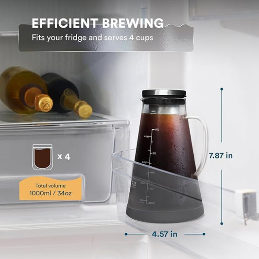 Airtight Cold Brew Iced Coffee Maker 1.0L with Double Wall Single Lip Insulated Glass Cup