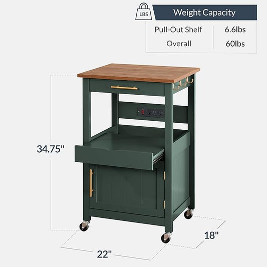Best Choice Products Rolling Kitchen Island Cart, Single Door Cabinet W/Drawer, Sliding Tray, Outlet, Swivel Lockable Wheels, Hooks, Coffee Cart, Microwave Stand, for Dining Room - Forest Green