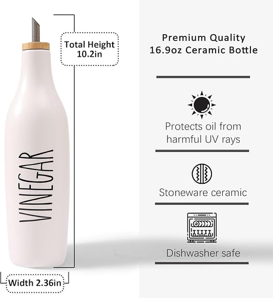 HOMCDALY Ceramic Olive Oil Dispenser for Kitchen, Stoneware 16oz Oil and Vinegar Bottles Dispenser, Kitchen Dispenser Bottle for EVOO Vinegar Syrups, Modern Farmhouse Design(W-V)