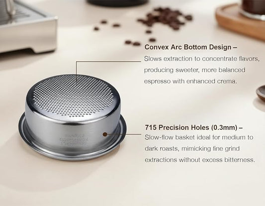 Espresso Accessories, 18g Convex Arc Espresso Basket – 715 Precision Holes (0.3mm), Slow-Flow Ridgeless Design for Sweet & Balanced Espresso Extraction