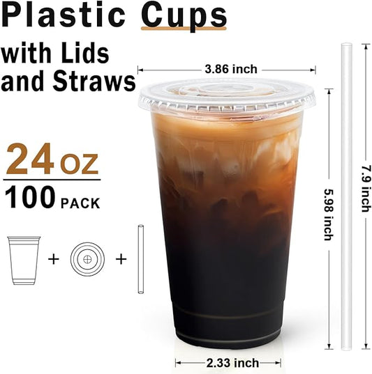 Clawsoff 24 oz 100 Pack Plastic Cups with Lids and Straws, Sturdy Food Safe Iced Clear Coffee Cups Disposable Smoothie Cups for Cold Drinks