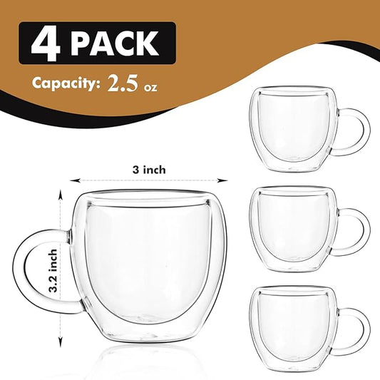 Espresso Cups Set of 4 with Handle, 2.5oz Expresso Coffee Cup, Small Expresso Shot Glasses, Clear Double Wall Insulated Espresso Mugs,Tazas de Cafe Expreso, Suit for Espresso Machine Accessories
