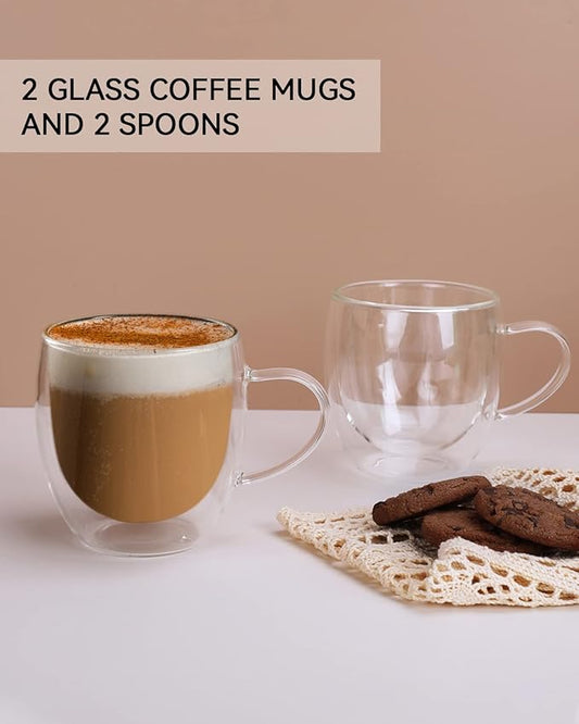 LIBWYS 12oz Double Walled Coffee Cups Glasses Mugs, Espresso Cappuccino Latte Tea Cups with Handle 350ml (2x250ml)