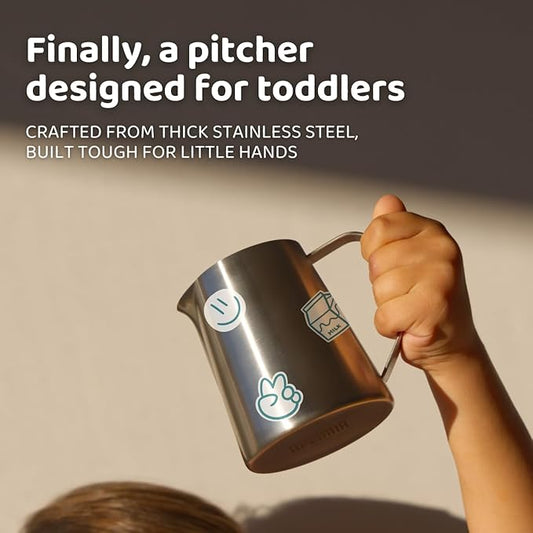 APLAINR Montessori Pitcher for Toddlers & Kids, Mini Stainless Steel Pitcher for Children, Small Milk & Water Jug for Montessori Pouring Practice, Personalize with Stickers, 11 fl oz, 3.8 inch High