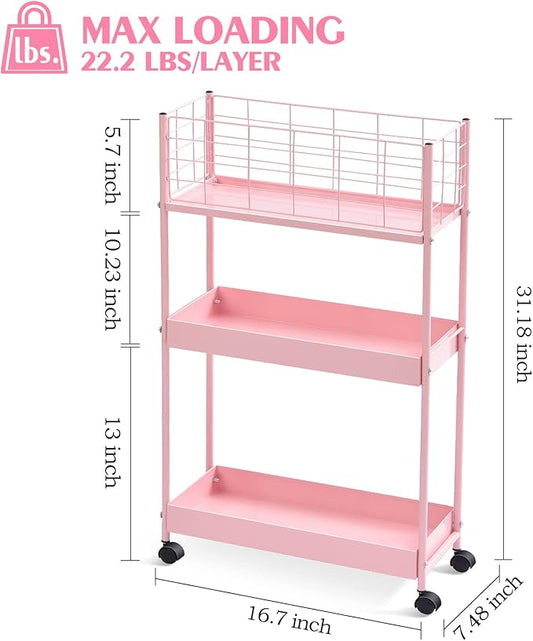 KINGRACK 3-Tier Rolling Utility Cart with Wheels, Metal Slim Storage Cart, Bathroom Multifunctional Storage Organizer, Mobile Shelving Unit for Kitchen, Office, Laundry Room, Narrow Place, Pink