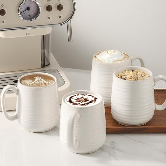 Hasense Coffee Mugs Set of 4, 15 Ounce Porcelain Latte Mug Set with Handle for Morning Coffee Tea and Cocoa, Ceramic Coffee Cups with Unqiue Glaze for Men, Women, Plain