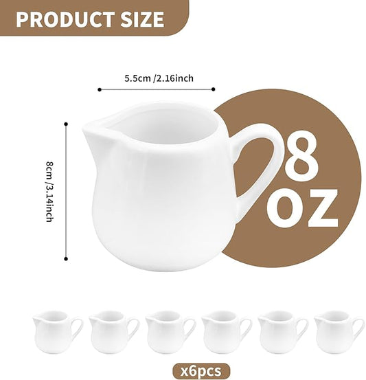 6 Pack 8 oz Ceramic Creamer with Handle, White Porcelain Cream Pitcher with Handle, Small Sauce Jus Small Pitchers for Milk, Coffee, Tea, Jam, Sauces