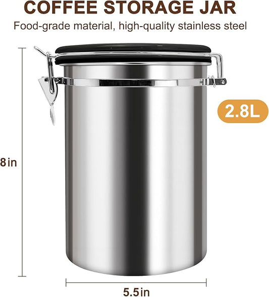 2.8L Airtight Vacuum Coffee Canister, Stainless Steel Storage Container for Coffee Beans and Grounds with Scoop.Suitable for coffee powder, coffee beans, rice, tea leaves, sugar, flour, and grains