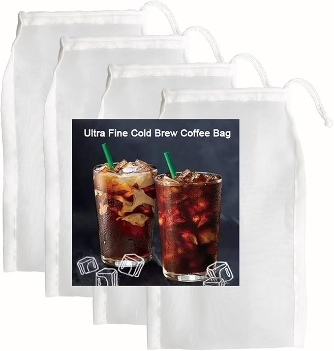 4 Pack Cold Brew Coffee Bag,120 Micro Food Grade Nylon Ultra Fine Mesh, 8.6x5 inch Reusable Cold Brew Coffee Filter with Seamless Bottom, Coffee Maker