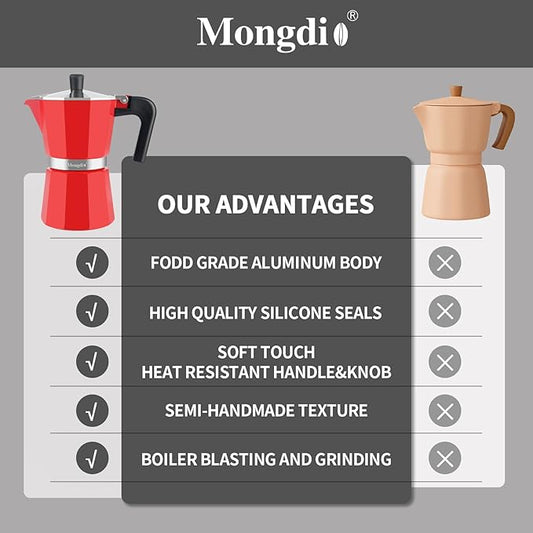 Mongdio Stovetop Espresso Maker Moka Pot, Stove Top Cuban Coffee Maker, Italian Greca Mocha Pot, 6 Espresso Cups, 10 oz - Red