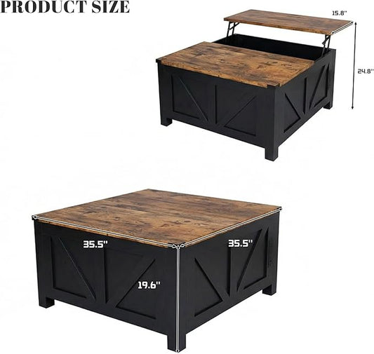 35” Farmhouse Coffee Table with Large Storage, Rustic Wood Lift Top Coffee Table for Living Room, Square Center Table with Charging Station&USB, Modern Port Pottery Barn Lift top Table