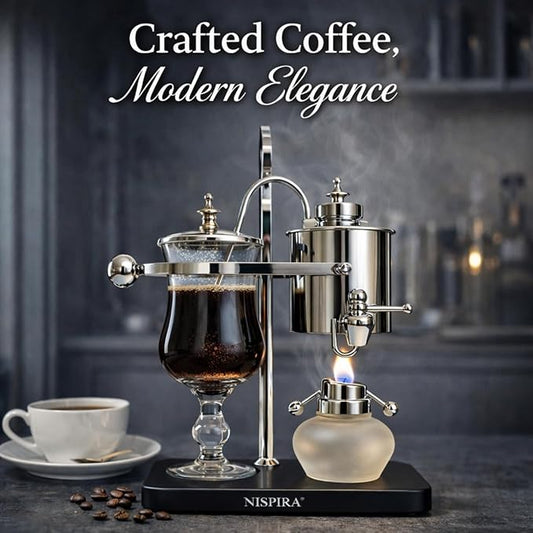 Nispira Belgian Balance Syphon Vacuum Coffee Maker, 500 ml Vintage Gravity Brewing System, Silver Finish, Manual Tabletop Coffee Brewer