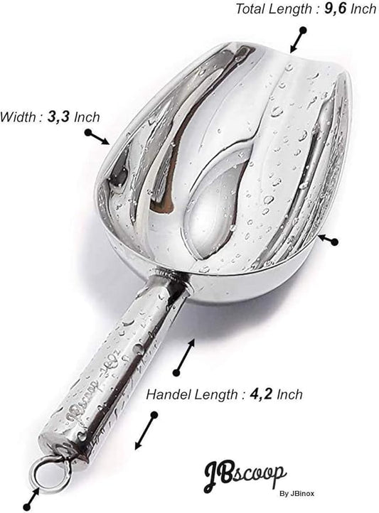 JBscoop Stainless Steel Scoop for ice, 9.6 Inch Metal Food Scoop Kitchen Bar Party Wedding Heavy Duty Dishwasher Safe - 8 Oz
