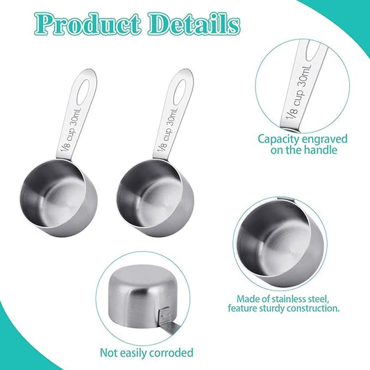 2Pcs 1/8 Cup Measuring Cup, 30ml Scoop, Stainless Steel Measuring Cups, Coffee Scoops, Measuring Scoops for Canisters Tablespoon Measure Spoon, Short Handle Cooking Measuring Scoop(30ML)