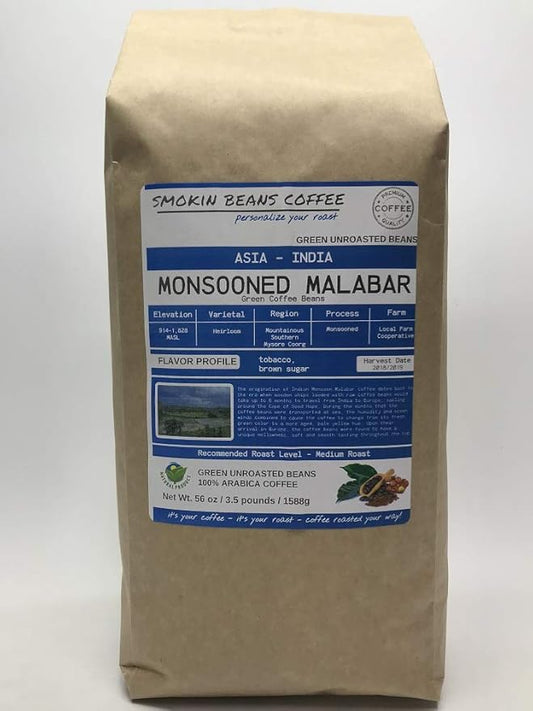 3.5-Pound India Monsooned Malabar Unroasted Green Arabica Coffee Beans Fresh Current Crop Specialty Grade Roast the Beans Yourself at Home on Your Roasting Equipment Prior to Using for Brewing Coffee