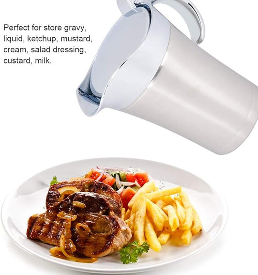 Gravy Boat Creamer Pitcher 304 Stainless Steel Thermal Insulated Double Wall Syrup Pitcher with Lid Serving Jug for Store Gravy Custard Milk (Large 750ml)