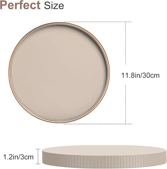 KINGFOM Round Decorative Tray, PU Leather Vanity Tray Organizer with Gold Trim for Dresser, Coffee Table & Bathroom Counter, Modern Home Decor Jewelry & Perfume Tray for Men Women (Beige)