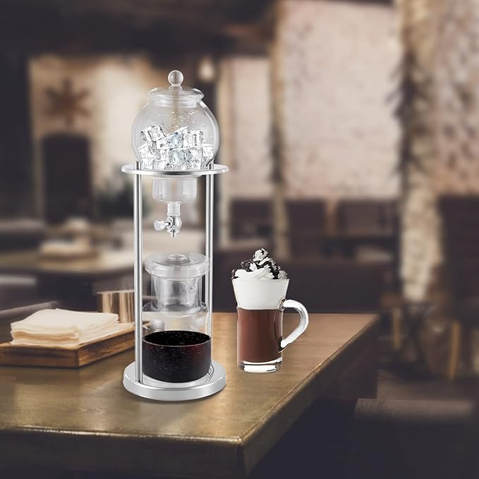 Iced Coffee Cold Brew Drip Tower Coffee Maker, Wooden Ice Coffee Machine, Stainless Steel and Borosilicate Glass, Long Neck Sharing Pot, with Measuring Spoon (Silver)